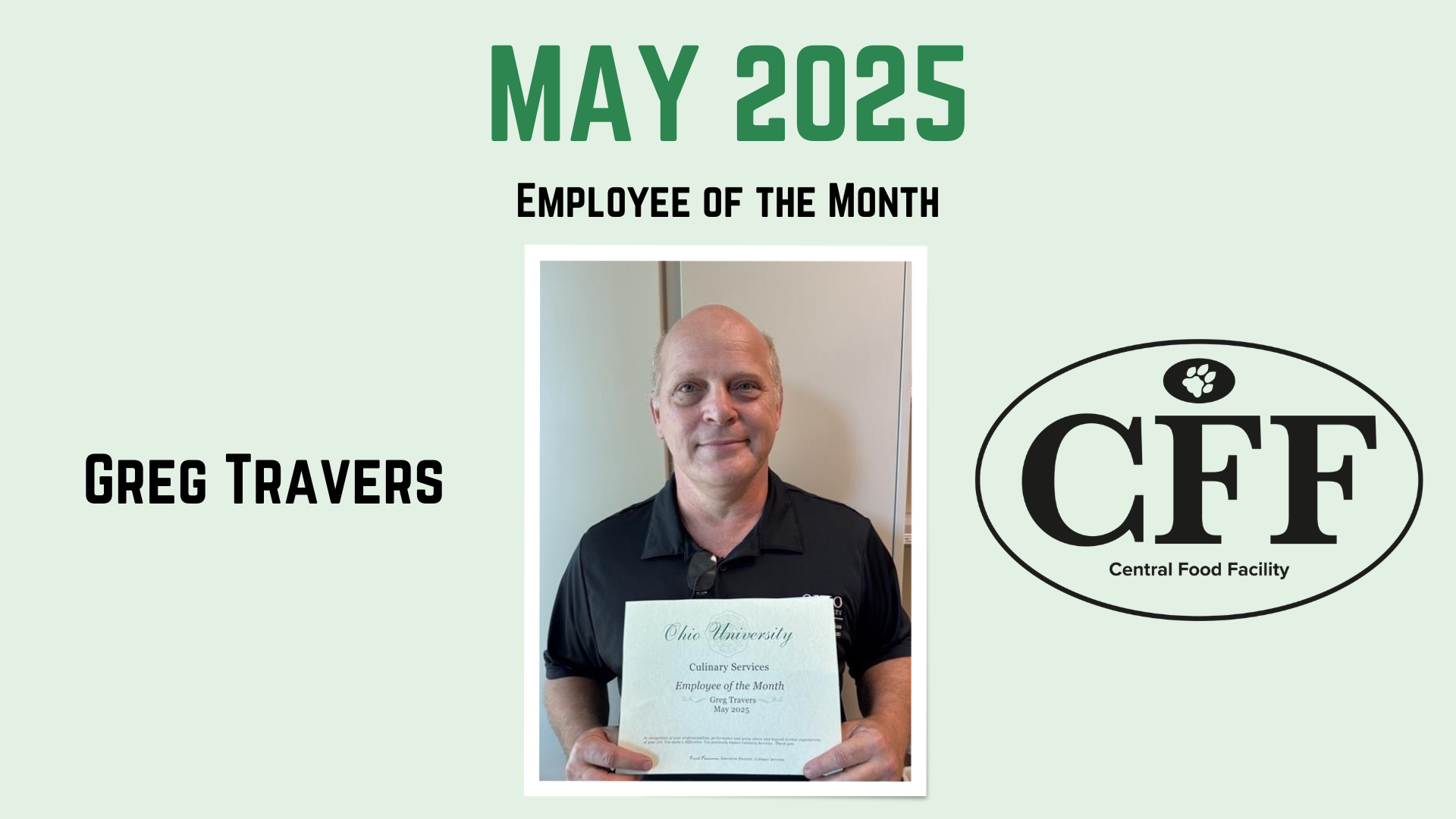 Employee of the month information and Greg Travers photo