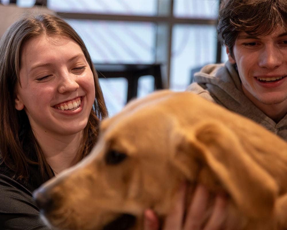 students smile and look excited while petting a puppy
