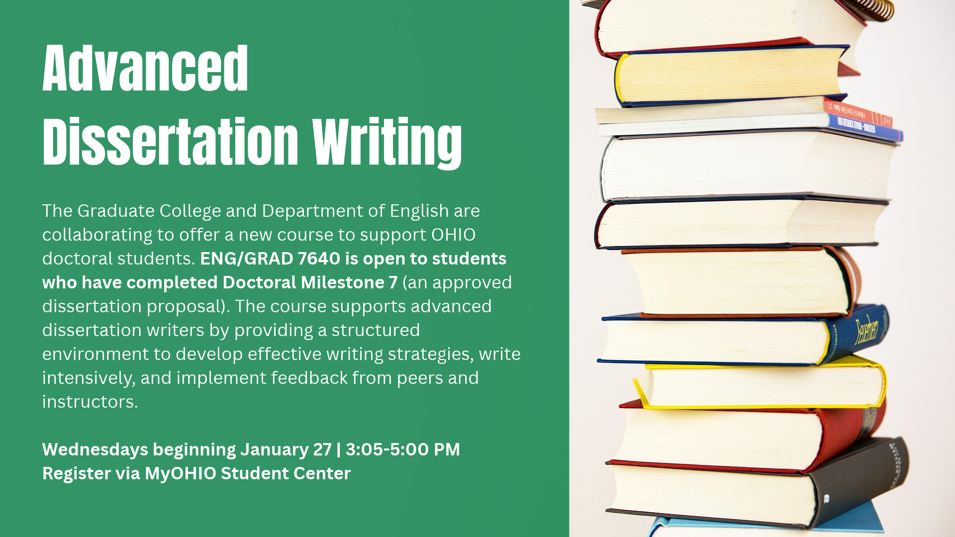 A green and white poster with a stack of books