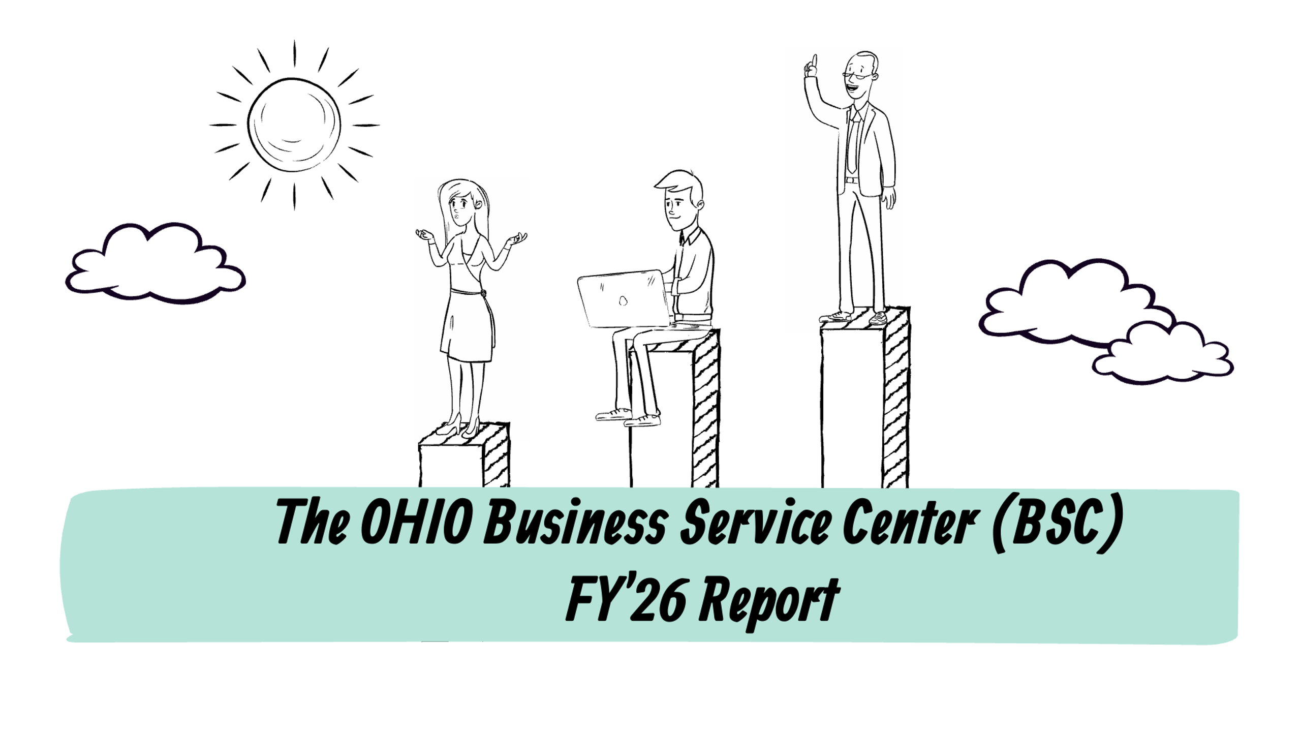 Illustrated report-cover graphic introducing Ohio Business Service Center (BSC) FY’26 Report. Three people stand on ascending platforms—woman standing and shrugging her shoulders, seated person using laptop, and raised-hand figure—beneath sun and clouds, emphasizing growth and achievement