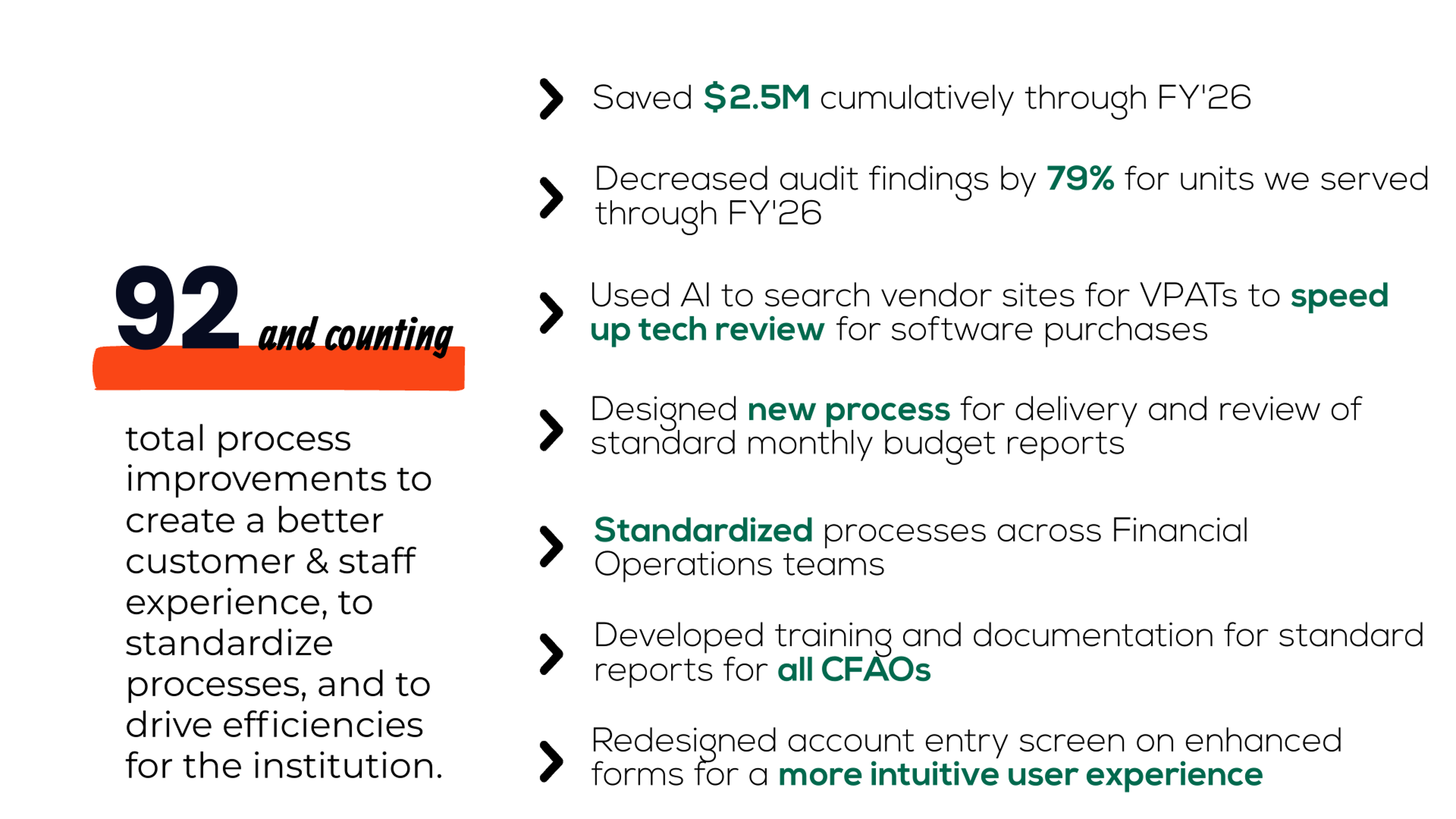 Infographic highlighting OHIO Business Service Center continuous improvement efforts, including 92+ process improvements, $2.5 million in savings, reduced audit findings, standardized processes, enhanced training, and improved customer and staff experiences.