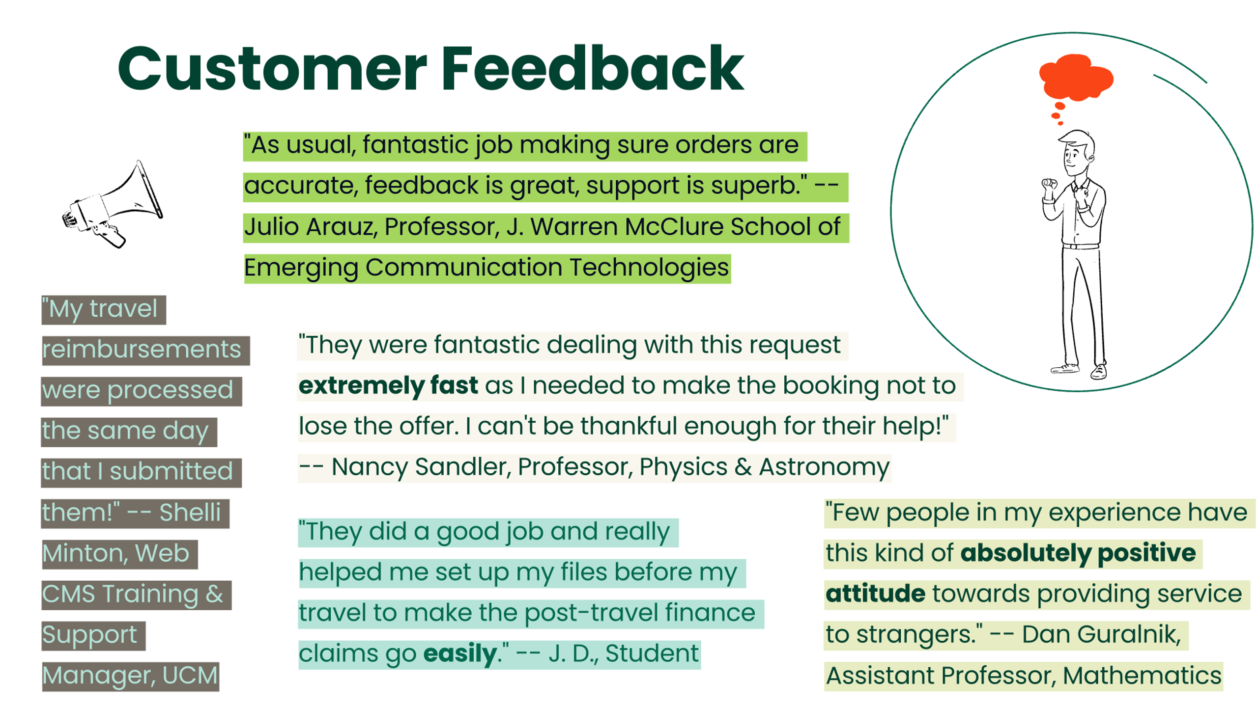Customer feedback slide featuring testimonials from Ohio University faculty, staff, and students highlighting the OHIO Business Service Center's fast, accurate, helpful, and responsive service.