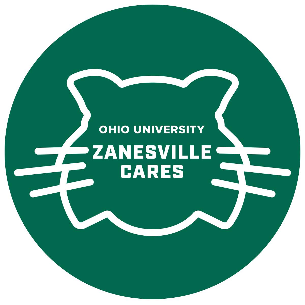A logo line drawing of a Rufus the Bobcat head with the words Ohio University Zanesville Cares inside of it.