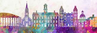 Artistic rendering of colorful campus buildings