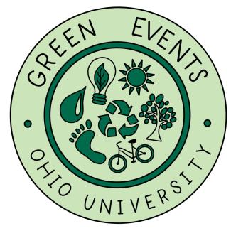 Circular light green circle with environmentally friendly symbols and dark green lettering saying Green Events Ohio University.