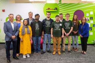 Group photo of 2024 Finalists, judges, College of Business Dean Jackie Rees Ulmer, Center for Entreprenurship director Paul Benedict, and benefactor Jon Snyder