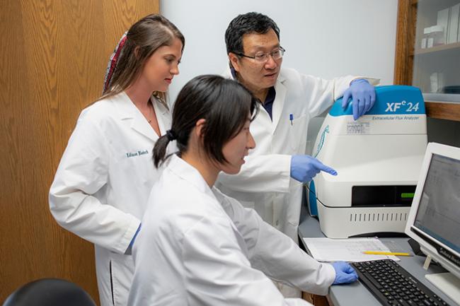 Students and a faculty member perform research in a lab
