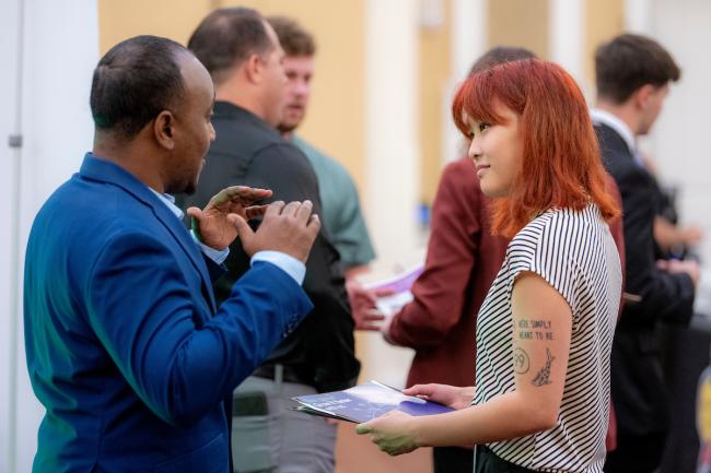 Students and employers at a Career Fair in OHIO's Baker Ballroom