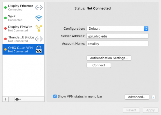Screenshot of the VPN settings for the OHIO VPN.