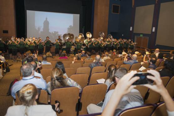 The Marching 110 plays music for new faculty during the new faculty welcome event.