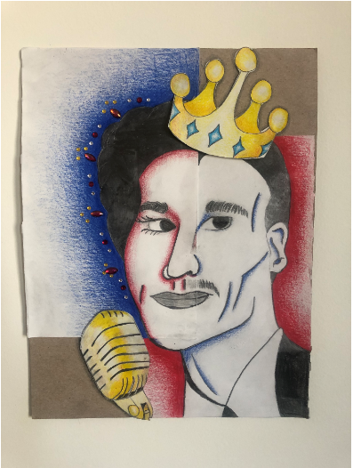 A graphite portrait of Stormé accented with blue and red colored pencil. The left side of her face is Stormé out of drag and the left is her in drag. A gold crown with blue jewels sits on her head and a gold microphone sits by her mouth, ready for her to sing.