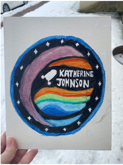 Alt text: a watercolor recreation of a fabric arm patch. A black and navy outline contains white stars, surrounding a purple crescent moon shape whose bottom end fades to blue. This is surrounding a small orange wave above a black outlined area that says Katherine Johnson next to a small NG-15 Cygnus Cargo Craft, below is an orange, green and blue wave. 