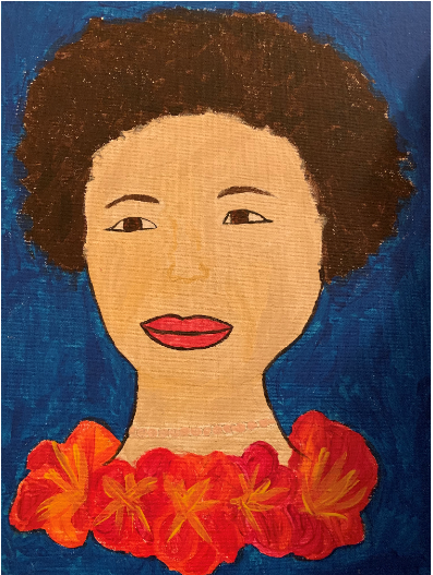 A painting of Patsy Mink on a blue background wearing a lei. She is also wearing a necklace that is made of white pearls. 