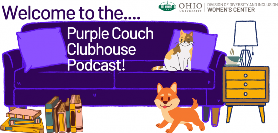 This image is a cartoon, where a cat sits on a purple couch, next to a small end table with a cup of tea. A dog is walking in front of the couch towards a stack of books.The text reads "Welcome to the Purple Couch Clubhouse."