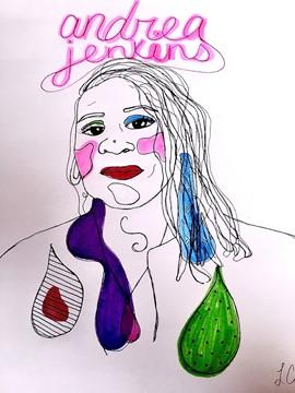 In pink letters, the name Andrea Jenkins is written in cursive. Below, is an abstract line piece of her bust in black ink. Sporadically colorful shapes are placed beneath the line work for contrast. The artists initials (LC) are seen in the bottom right hand corner.