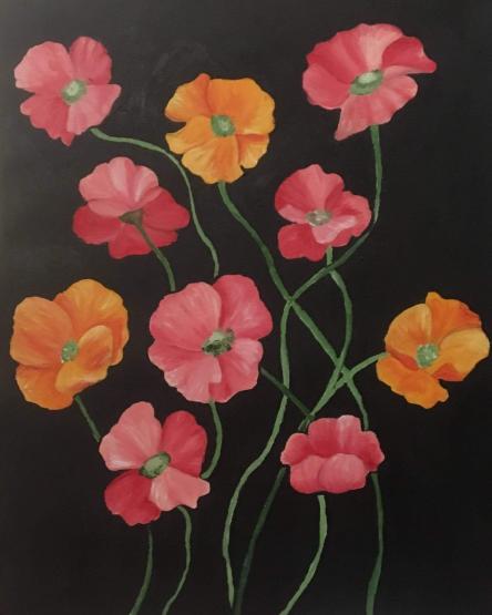 A painting of pink and orange poppies with green stems twisting together on a plain black background. This is one of the paintings I did to raise money for the Black Lives Matter Movement