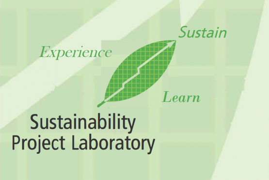 A green leaf with an arrow and the words Sustain Experience Learn and Sustainability Project Laboratory