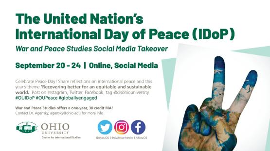 Text says War&Peace International Day of peace. There is a had with two finger up with the peace sign. The hand has world map