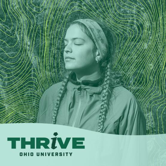 A student hikes through the woods on a graphic for the THRIVE well-being campaign