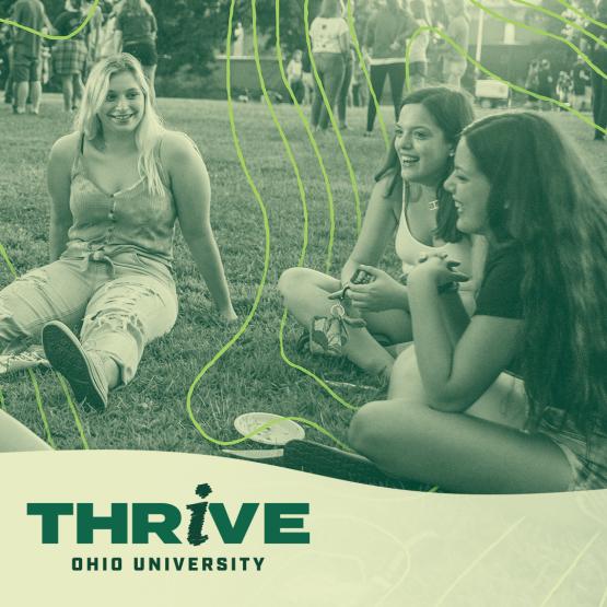 Students laugh together on a graphic for the THRIVE well-being campaign