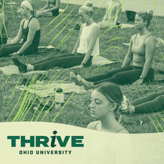 Students do yoga on a graphic for the THRIVE well-being campaign