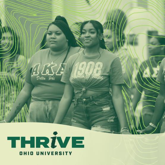 Greek life students walk together on a graphic for the THRIVE well-being campaign