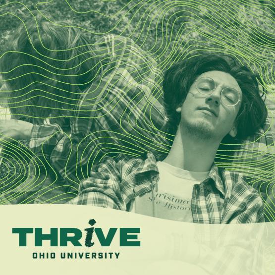 A student closes their eyes while cloudwatching on a graphic for the THRIVE well-being campaign