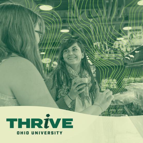 Students smile together at a restaurant on a graphic for the THRIVE well-being campaign