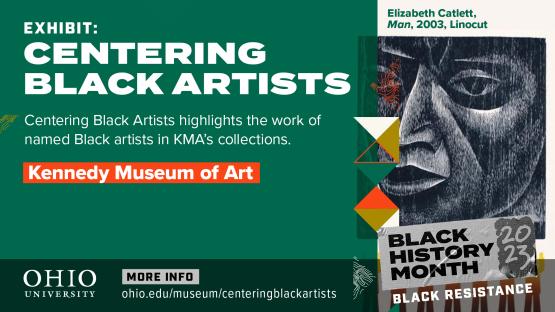 A graphic of a work of art by Elizabeth Catlett for the Kennedy Museum of Art's Centering Black Artists series.