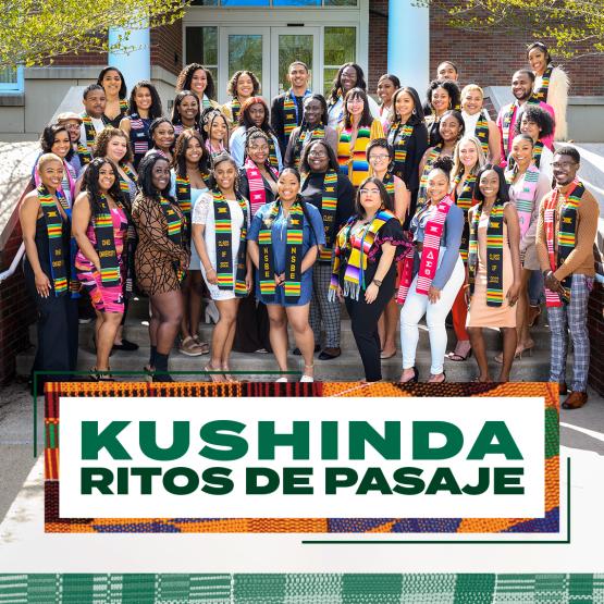 Kushinda/Ritos De Pasaje. Students pose wearing their kente or serape cloth. 