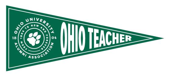 OUAA logo on left and text OHIO Teacher on right of triangle pennant.