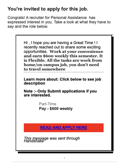 A phishing email claiming to be offering a personal assistant job.