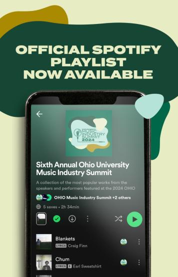 Official Spotify Playlist Now Available with a phone showing the Music Industry Summit Playlist