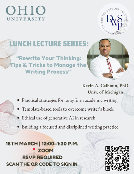 A light blue flyer detailing a lunch lecture session, with a photo of a man in a white shirt and tie