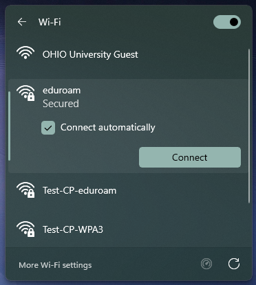 Wi-Fi settings open on a device with Wi-Fi toggled on, eduroam selected, and the "connect automatically" box selected.