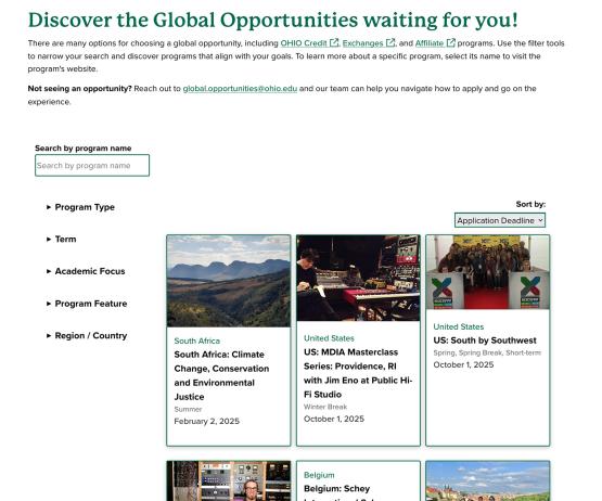 A screenshot of the Office of Global Opportunities Browse Programs webpage.