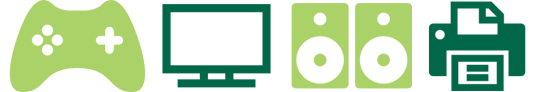 Icons of video game controller, TV, printer, and speakers