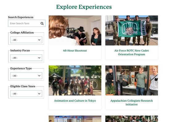 A screenshot of the Experience OHIO landing page, which offers sorting options to find specific experiences.