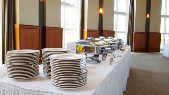 catering set up on a table with a white tablecloth