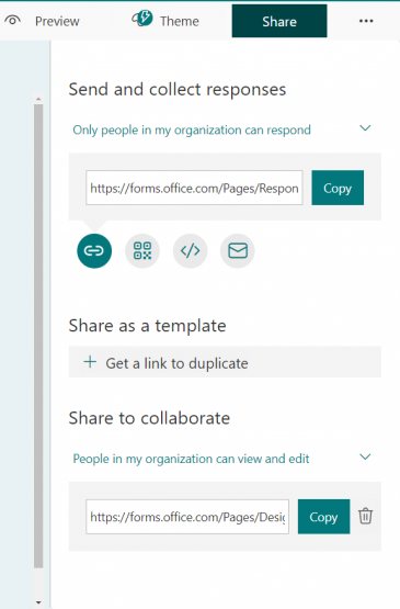 forms share options: send and collect responses, share as a template, share to collaborate