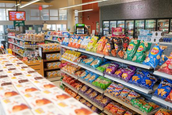 Nelson Market shelves lined with bags of chips