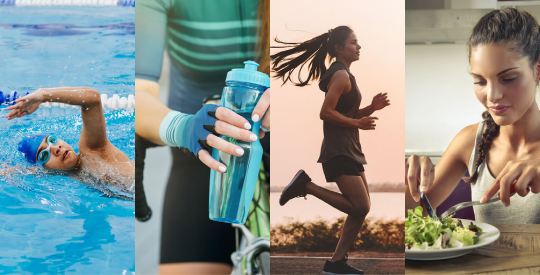Split image of swimming, biking, running, eating
