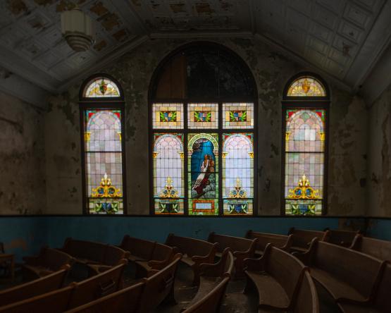 A stained-glass window in Mt. Zion Church