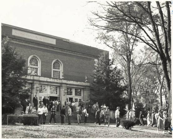 A crowd exits Templeton-Blackburn Alumni Memorial Auditorium in the late 1940s.