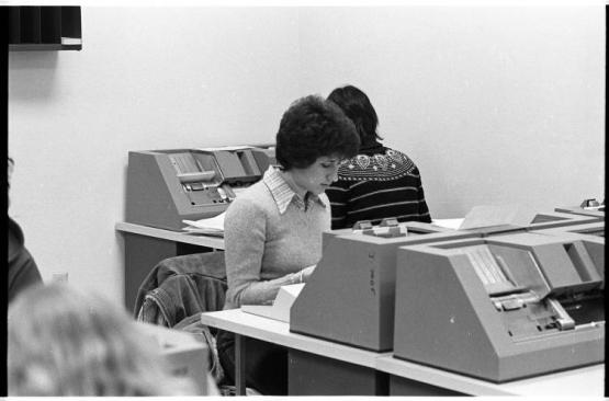 A student works on a computer in Morton Hall in 1980.
