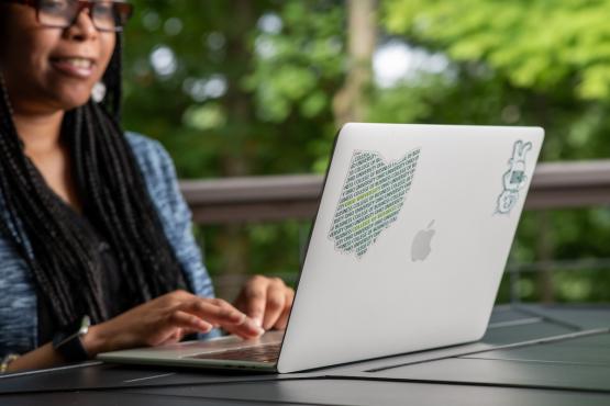 Woman with long braids looking at a laptop screen. She is wearing brown glasses. 