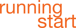 running start in orange text