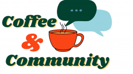 coffee and community, with a coffee cup and speech bubbles