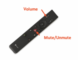 Polycom remote control - pointing to the volume button in the top left and the red, triangle mute/unmute button