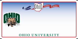 Ohio license plate, airplane at top with Ohio banner behind, Ohio University logo across bottom and OHIO attack cat logo on left.